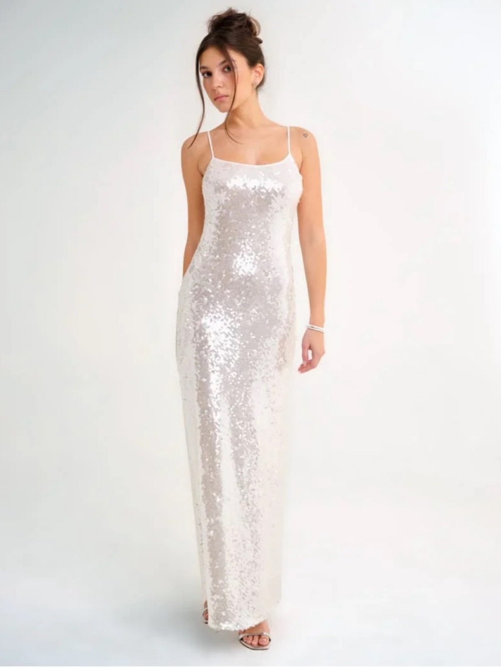 Rumored Sequin Slip Maxi Dress — White — Small